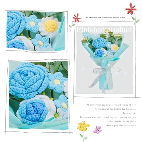 Crochet Flowers Rose Artificial Flower, Handmade Crochet Flowers Bouquet,Crochet Knitted Flowers Gifts for Mom Lover Friend Home Decor,for Girlfriend Mothers Day Birthday Home Decor (Blue) - color: Blue