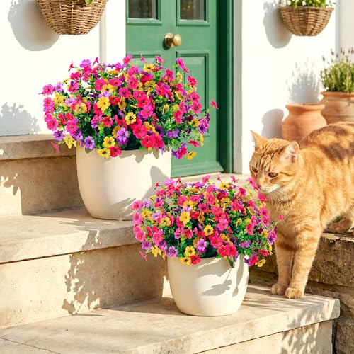 Artificial Flowers for Outdoors, Faux Plants 12 Bundles Silk Colorful Fake Flowers Eucalyptus Realistic UV Resistant for Outside Home Planter Porch Patio Yard Decor (12, Hot pink Purple Yellow) - color: Hot Pink Purple Yellow