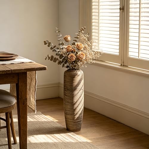 23.6 Inch Rustic Ceramic Large Floor Vase, Ribbed Textured Rustic Farmhouse Vase for Pampas Grass, Living Room & Entryway Décor, Handmade Ceramic Accent - size: 23.6 Inch