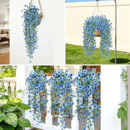 Roberly 4 Pcs Artificial Hanging Flowers for Outdoors, Realistic Faux Silk Flowers UV Resistant Fake Greenery Plants for Spring Summer Garden Porch Indoor Outdoor Home Decor, Blue - color: Blue