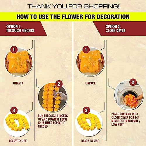 5 Pc 5 feet Long Marigold Garland for Decoration Long Strands Artificial Marigold Flowers | Indian Décor for Pooja | Wedding | Christmas | Diwali Decor (Yellow & Orange)