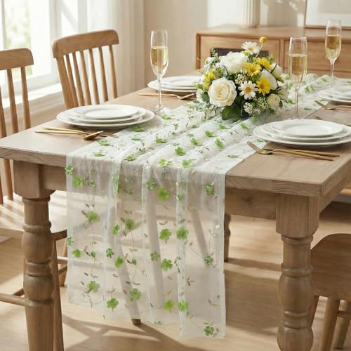 Artoid Mode Green 3D Flower Gauze Embroidery Table Runner 120 Inch 10FT, Tulle Seasonal Spring Kitchen Dining Holiday Table Decor for Home Party - color: White-green