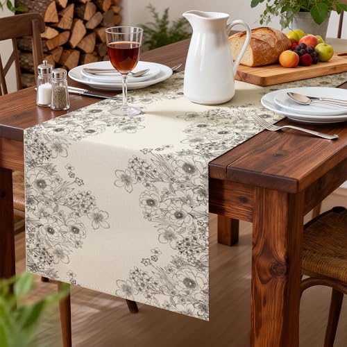 Larponder Summer Colorful Flowers Table Runner, 13x108 Inch | Table Decoration for Spring Seasonal Anniversary Holiday Kitchen Dinning Table Home Party Decor - color: Sketch Flowers-1, size: 13" x 108" (Rectangular)