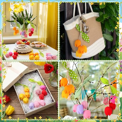 HunnmingRe 3 Pcs Spring Fabric Tulip Flowers Mother's Day Hanging Ornaments Handcrafted Artificial Tulip Pendant Flower Bouquet with Leaf Hanging Accessories for Women Mom Girl Keyring Bag Charm Gifts