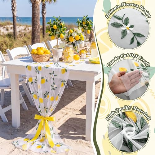 Mindsoft 3 Pcs Lemon Table Runner, 10ft Summer Tablecloth Yellow Lemon Party Decorations Gauze Embroidery Tulle Lace Runner for Table Wedding Birthday Bridal Baby Shower Holiday Dining Decor DIY - style: Lemon