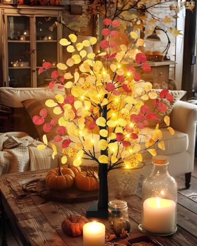 Uieke 24inch Artificial Fall Eucalyptus Tree 24 LED Prelit Tabletop Fall Tree with 6 Pumpkin Lights Battery Operated with Timer, Fall Decorations for Home Thanksgiving Halloween Decor - style: 24inch Fall Tree(1Pack)