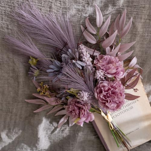 Artificial Fake Faux Flowers Silk Flower Arrangements Bouquets Consists of Peonies, Chrysanthemums, Pampas Grass (Purple) - color: Purple