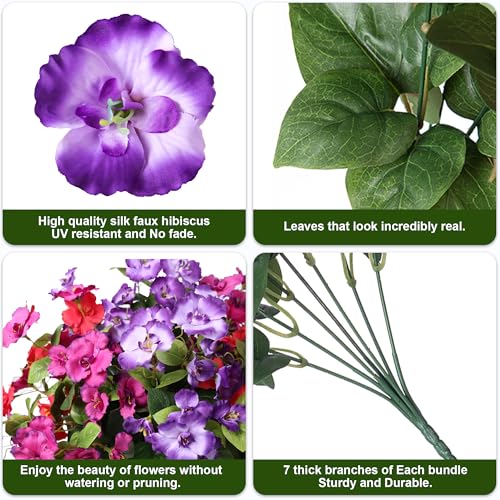 Hibiscus Artificial Flowers Plants for Outdoors Summer Decoration, 6 Bundles Fake Silk Hibiscus Bouquet Realistic UV Resistant Tropical Flowers Artificial for Outside Planter Front Door Porch Patio - color: 3-color Mix(2 Fuchsia, 2 Red, 2 Purple)