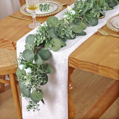 DEMIUKO 2PCS Artificial Eucalyptus Garland, 5.9FT Faux Greenery Garland with Silver Dollar Eucalyptus Leaves Fake Hanging Vines Summer Garlands for Wedding Arch Backdrop Table Wall Party Home Decor - size: 2PCS