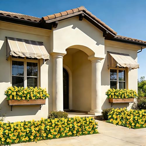 Roberly 6 Bundles Artificial Flowers for Outdoors, Faux Silk Catharanthus Roseus Flowers Bouquet Fake Greenery Plant for Spring Summer Garden Patio Porch Window Box Table Home Decor, Yellow - color: Yellow