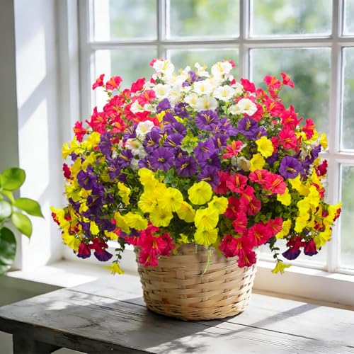 Grunyia 16 Bundles UV Resistant Artificial Morning Glory Flowers - Faux Silk Plastic Fake Flowers with Green Foliage for Outdoor Indoor Porch Patio Planter Yard Garden Home Decor - color: Mix(white,yelow,,purple, Rose Red)