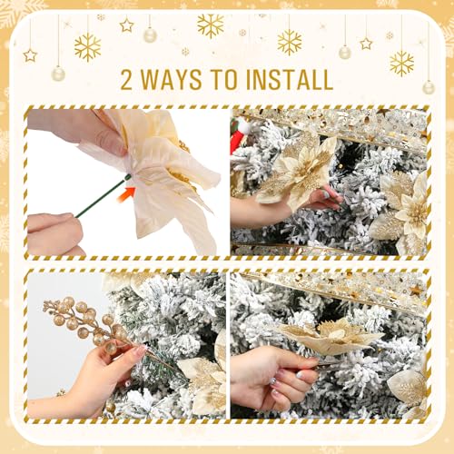 Alupssuc 24 Pieces Christmas Tree Decorations, 12 PCS Gold Poinsettia Flowers Artificial and 12 PCS Glitter Christmas Tree Picks for Christmas Decorations Party Wreath Fireplace Stairs, Gold - color: Gold