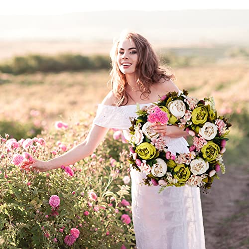 BOMAROLAN Artificial Peony Flower Wreath 19Inch Vintage Blooming Silk Peonies Spring Summer Fall Winter Large Wreaths Flower Green Leaves for Outdoor Front Door Indoor Wedding Wall Or Window Décor - color: White & Green