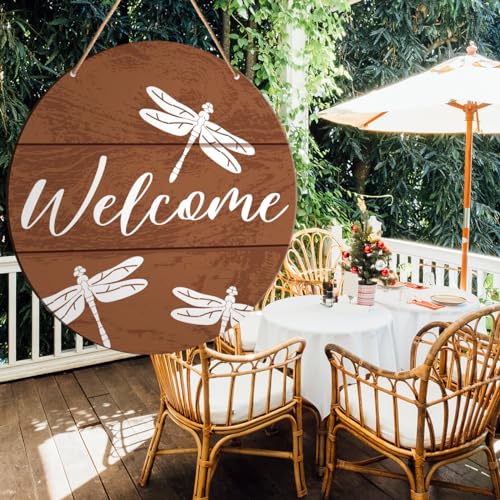 Muktoujaumai Welcome Sign Front Door Decor, Welcome Round Hanging Sign Decor Rustic Decorations Dragonfly Wall Wood Sign for Door, Porch, Home, Housewarming Gift for New House Friend Family - color: Y6