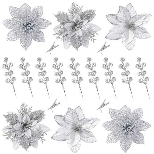 Sggvecsy 30 Pcs 3 Styles Christmas Glitter Poinsettia Flowers Artificial Berry Picks Christmas Tree Ornaments Artificial Christmas Flowers with Clips for Xmas Wreath Wedding Floral Decorations(Silver) - color: Silver