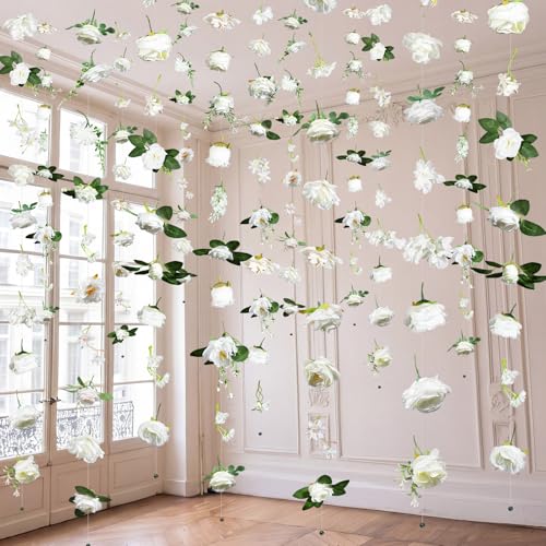 Suncalla 6 Pcs 35.46 ft Flower Garlands Backdrop Garden Party Decoration Artificial Wildflower Vines Fake Flower Vines Faux Silk for Wedding Bridal Wall Arch(Classic,White) - color: White