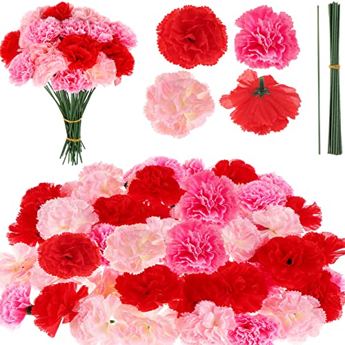 120 Pack Artificial Carnations with Stems Leaves Eternal Blossom Silk Carnation Flower Artificial Pom Pom Mini Hydrangea Birthday Party for Home, Wedding(Scarlet, Pink, Light Pink) 5g6e8t1sm19