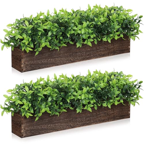 Lyrow 2 Pack 24 '' Artificial Eucalyptus Plants in Rectangular Rustic Wooden Planter Box Faux Potted Herb Plant Greenery Centerpiece for Cabinet Windowsill Table Shelf Wedding Decor (Brown) - color: Brown, size: 24 ''