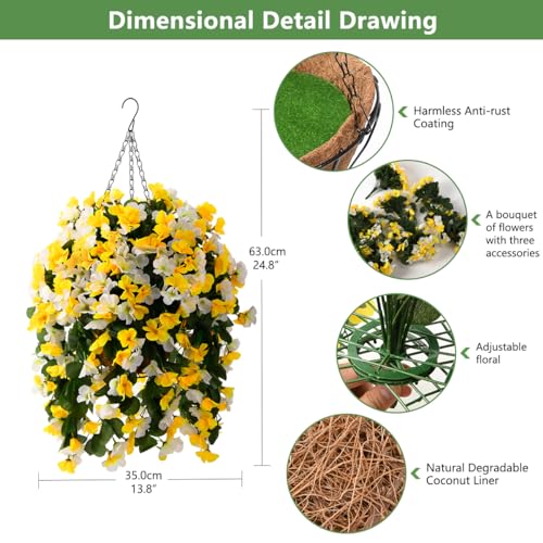 INQCMY Artificial Hanging Flowers Basket for Outdoor Outside Spring Decoration,Faux Silk Begonia in Planter Look Real UV Resistant for Porch Home Patio Garden Yard Decor - color: Yellow White