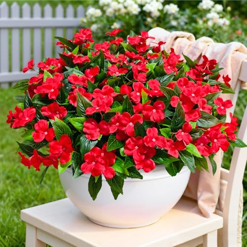 Artificial Flowers for Outdoors Decorations, 6 Bundles Realistic Impatiens Silk Faux Flowers UV Resistant Fake Plants for Outside Pot Patio Garden Porch Planters Window Box Balcony Indoor Home Decor - color: Red