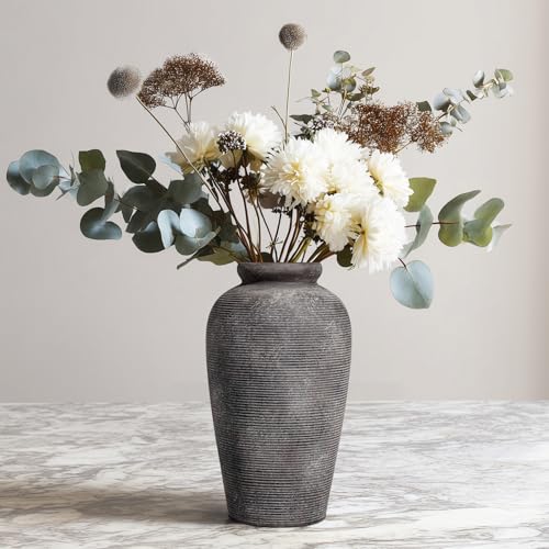 Large Rustic Terracotta Vase, 11 inch Tall Ceramic Flower Vase, Clay Farmhouse Decorative Vases for Flowers, Living Room, Shelf, Entryway, Home Decor, Grey - color: Rustic Grey