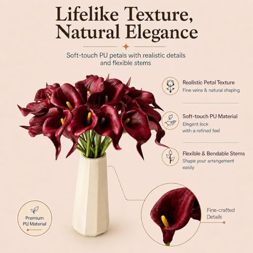 Mandy's 20pcs Burgundy Calla Lily Artificial Flowers | 13.5 Inch PU Realistic Bouquet for Vase Elegant Home Decor Centerpiece Wedding Bridal Bouquet Table Decoration - color: Burgundy