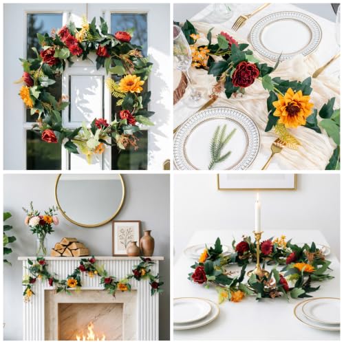 MAKHOT 2Pack Artificial Maple Leaves and Sunflowers Burgundy Roses Garland | Fake Flower Gypsophila Vine Garlands Decor, Floral Flower Greenery Garland for Wedding Home Table Decor - color: Green & Ren-2pcs