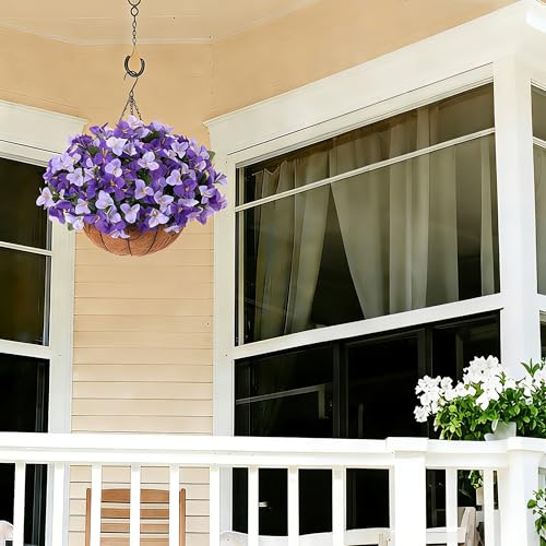 Artificial Hanging Flowers Plant with Basket for Outdoors, Silk Bougainvillea in Planters Faux Hanging Plants for Outdoor Look Real UV Resistant Flower for Outside Porch Patio Garden Home Decor, Mix - color: Dark Purple + Purple