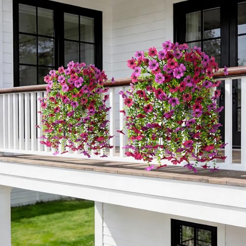 INQCMY Artificial Hanging Flowers with Basket for Spring Outdoor Decoration 3 Bunches of Silk Daisy Flower Uv Resistant for Garden Porch Patio Balcony Yard Decor (Purple Red) - color: Purple Red