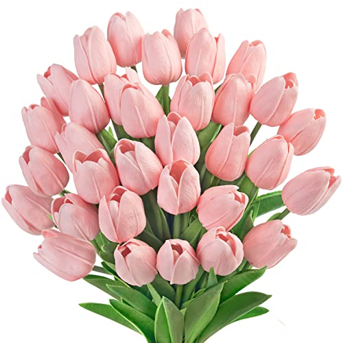 Ouddy Decor 30 Pcs Pink Tulips Artificial Flowers Real Touch PU Faux Flowers Fake Tulips Stems for Spring Summer Bouquet Floral Room Table Party Wedding Easter Mothers Gifts Home Decorations - color: Pink