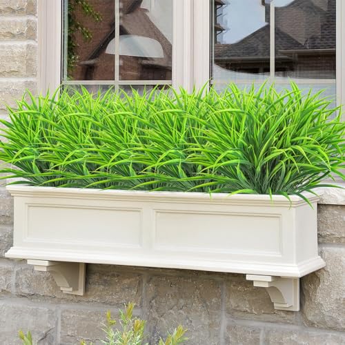 Ouddy Decor 16 Bundles Artificial Plants Outdoor Fake Grass Greenery Stems UV Resistant Faux Plastic Shrubs for Spring Summer Garden Pathway Window Box Front Porch Home Decor, Green - color: Green
