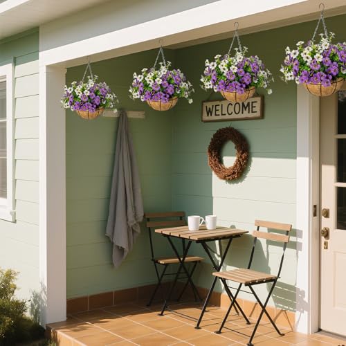 Artificial Hanging Flowers for Outdoors with Basket,UV Resistant Realistic Faux Hanging Plants Outdoor Artificial Flowers for Outdoors Basket for Yard Porch Patio Garden Home Decor,12 Bundles Mix - color: Purple+white