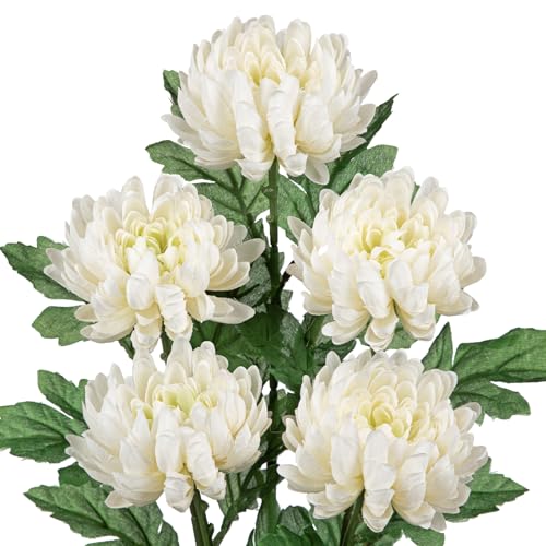 Hollyone 5Pcs Fake Mums Flowers White Artificial Chrysanthemum Flowers Silk 22.8inch Long Stem Floral Arrangements Bouquets Faux Spider Mum Flower Pincushion Flower Bush Spring Home Decor - color: White