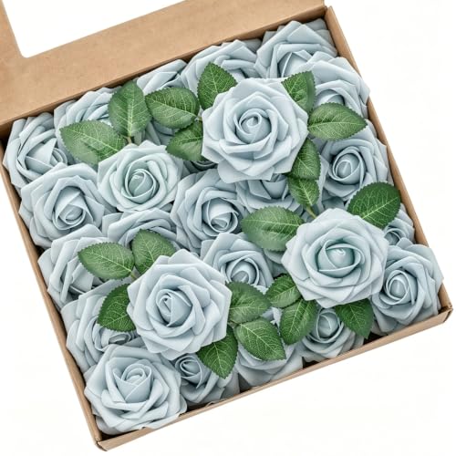 Artificial Flowers, 25pcs Light Blue Flowers Real Looking Artificial Rose for DIY Wedding Bouquets Centerpieces Arrangements, Blue Foam Flowers with Stem for Bridal Shower Party Home Decor - color: Light Blue, size: 25pcs