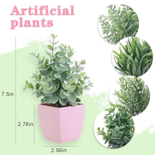 summer flower 4 Pack Small Fake Plants in Pink Pot Artificial Plant Indoor Eucalyptus Wheat Grass Ferns Rosemary Faux Greenery for Room Decor Home Office Desk Bathroom Kitchen Living Room Decorations - color: Pink-4