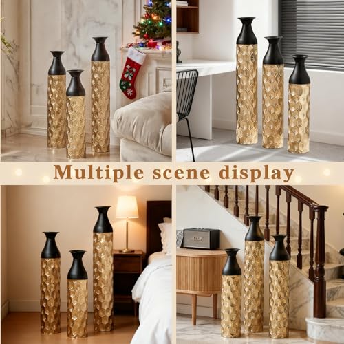 Tall Floor Vases Set of 3 for Decor Living Room Floor, Black and Gold Vases Home Decor, Embossed Body Pattern, 33.8" H/29.1" H/24.8" H Geometric Cylinder (Gold 6) - color: Gold 6
