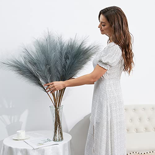 FOTEEWL 8 PCS Faux Pampas Grass Decor 38"/3.1FT Tall Fake Pompas Floral Large Artificial Pompous Grass Branches Plants for Floor Vase Filler Home Boho Decor (Grey) - color: Grey