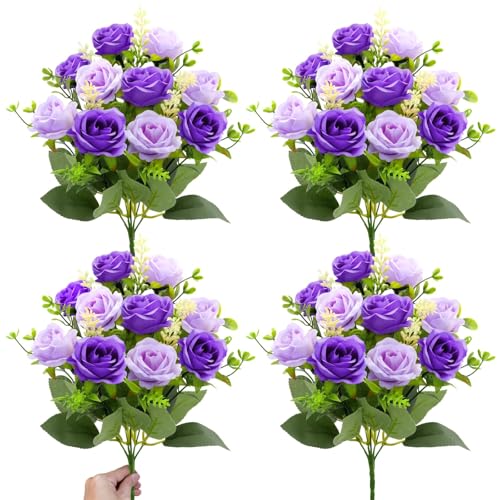 TURNMEON 40 Heads Fake Roses Artificial Flowers for Outdoors, 4 Bouquets UV Resistant Fake Flower Bouquet Faux Silk Roses for Wedding Birthday Party Home Mother's Day Cemetery Summer Decor(Purple) - color: Purple