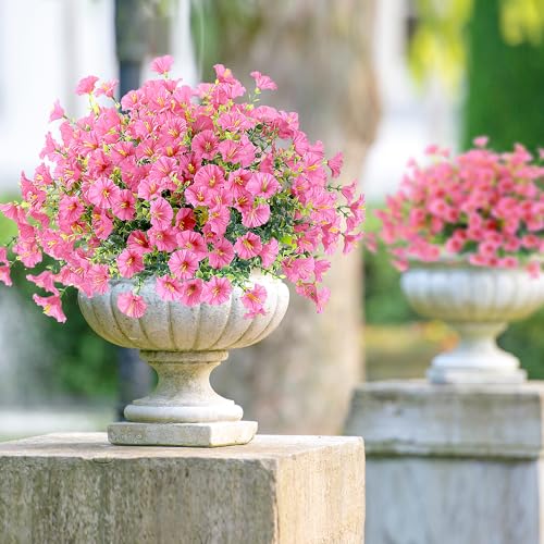 Artificial Flowers for Outdoors 12 Bundles Realistic Faux Plants UV Resistant Fake Silk Morning Glory with Eucalyptus for Front Door Planter Patio Porch Outside Spring Summer Decoration (Pink) - color: Pink