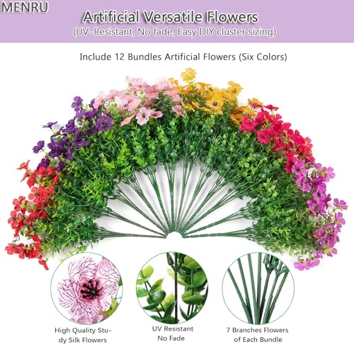 12 Bundles Artificial Flowers for Outdoor UV Resistant and Realistic, Faux Daisy Fake Flowers with Eucalyptus Leaves for Porch, Patio, Planter, Window Box, Home, Garden Decor - color: Six Colors