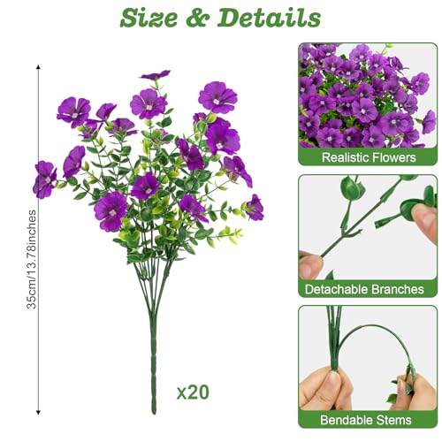 Roberly 20 Bundles Artificial Flowers for Outdoors, Fake Silk Flowers with Plastic Eucalyptus Greenery Stems Realistic Faux Plants for Spring Summer Porch Patio Yard Garden Vase Home Decor, Purple - color: Purple
