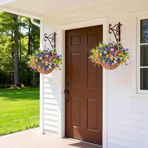 Artificial Flowers Hanging Baskets, Multicolor 12 Bundles Faux Flower with Ferns Outdoor Hanging Basket Spring Summer Decoration, Fake Flowers Plants for Porch Patio Balcony Home Yard Decor - color: Purple Rose Red White Yellow