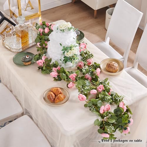 PONKING Flower Garland Artificial Rose Vine Flowers Hanging Fake Roses Vines for Wedding Birthday Party Valentines Christmas Room Wall Arch Decor, 2 Pink Floral Garland Decorations - color: 2" Flower Pink Vines 5.4ft