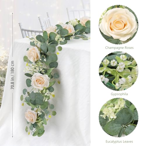 TOCHGREEN 2Pcs(13 Ft) Artificial Eucalyptus Flower Garland with Champagne Rose Flowers,Faux Rose Vine Gypsophila,Floral Greenery for Home Wedding Table Decor (Champagne, 2PCS) - color: Champagne, size: 2PCS