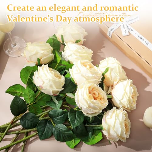 Daifunli 10pcs Real Lifelike Peonies Artificial Flowers, Faux Austin Rose with Long Stem Look Real Fake Flower for Christmas Valentines Arrangement Wedding Party Home Kitchen Decor(Champagne) - color: Champagne
