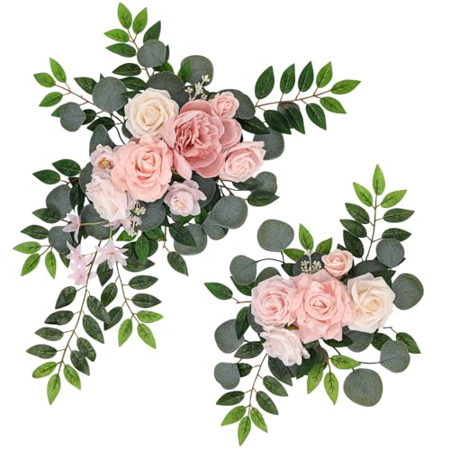 2 Pcs Wedding Arch Decorations - Reusable Artificial Hanging Flowers Floral Swag Greenery Garland for Wedding Welcome Sign Backdrop Bridal Ceremony Reception Backdrop Decoration(Beige) - color: Light Pink+beige