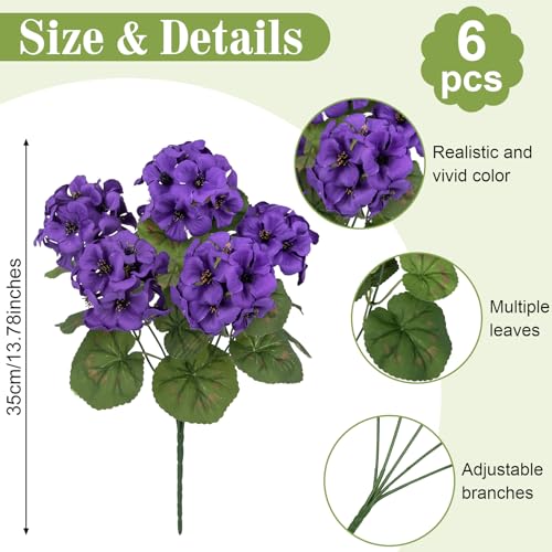 Roberly 6 Pcs Artificial Flowers for Outdoors, Purple Fake Geranium Flowers UV Resistant Realistic Silk Faux Plants for Spring Summer Front Door Yard Window Box Indoor Home Decor - color: Purple