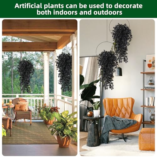 RECUTMS 2Pcs Artificial Black Hanging Flowers for Outdoors Decoration Fake Hanging Plants UV Resistant Plastic Greenery Vines Ivy for Halloween Gothic Home Porch Wall Garden Party Decor（Black） - color: Black-rose