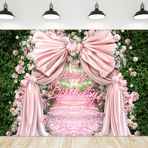 Riyidecor Happy Birthday Backdrop Polyester Fabric Pink Bow Floral Green Leaves Botanical Plant Nature Blossom Neon Flower Wall 7Wx5H Feet Girls Photography Background Birthday Photo Studio Shoot - color: A-Green a Bow, size: 7Wx5H
