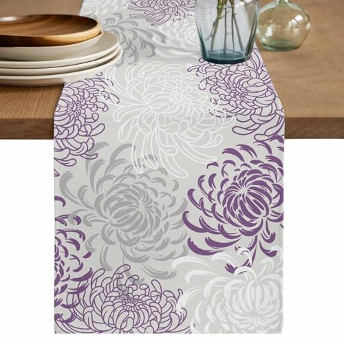 Floral Table Runner-Purple Gray White Small 36 inche Dresser Scarves,Flower Tablerunner for Kitchen Coffee/Dining Table Bedroom Living Room,Summer Spring Holiday Dinner Scarf Decor - color: Purple, size: 13x36 Inch